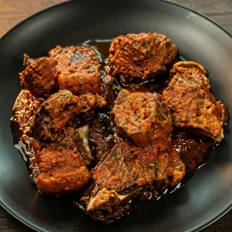 Close-up of a black plate filled with rich, saucy meat stew on a wooden table.