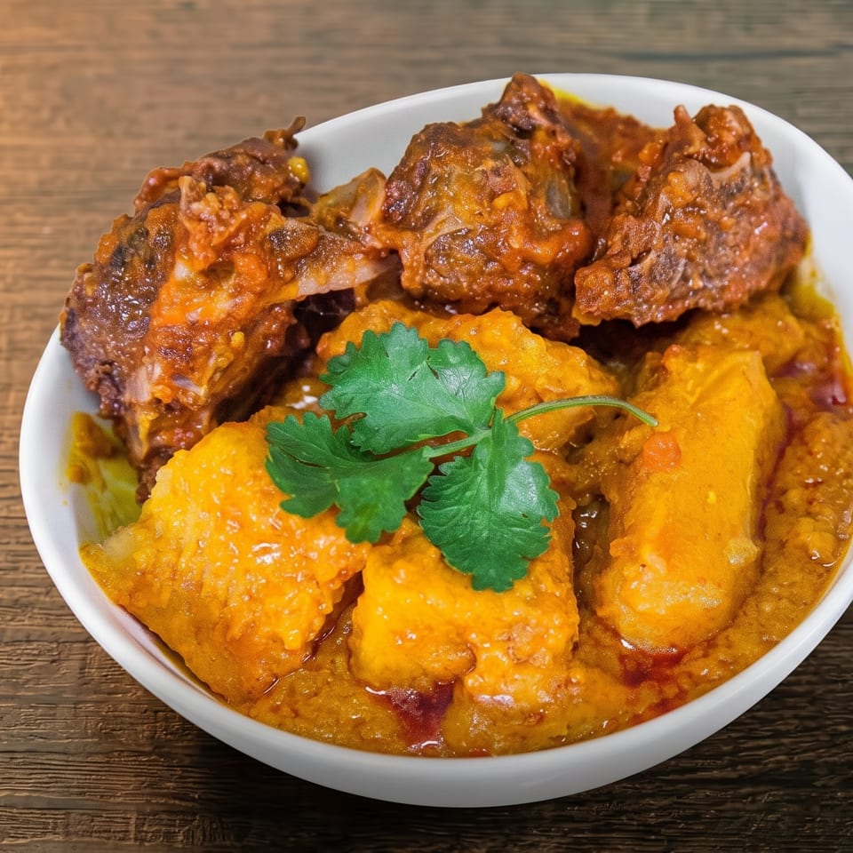 A white bowl filled with a rich orange stew, chunks of meat, and garnished with cilantro.