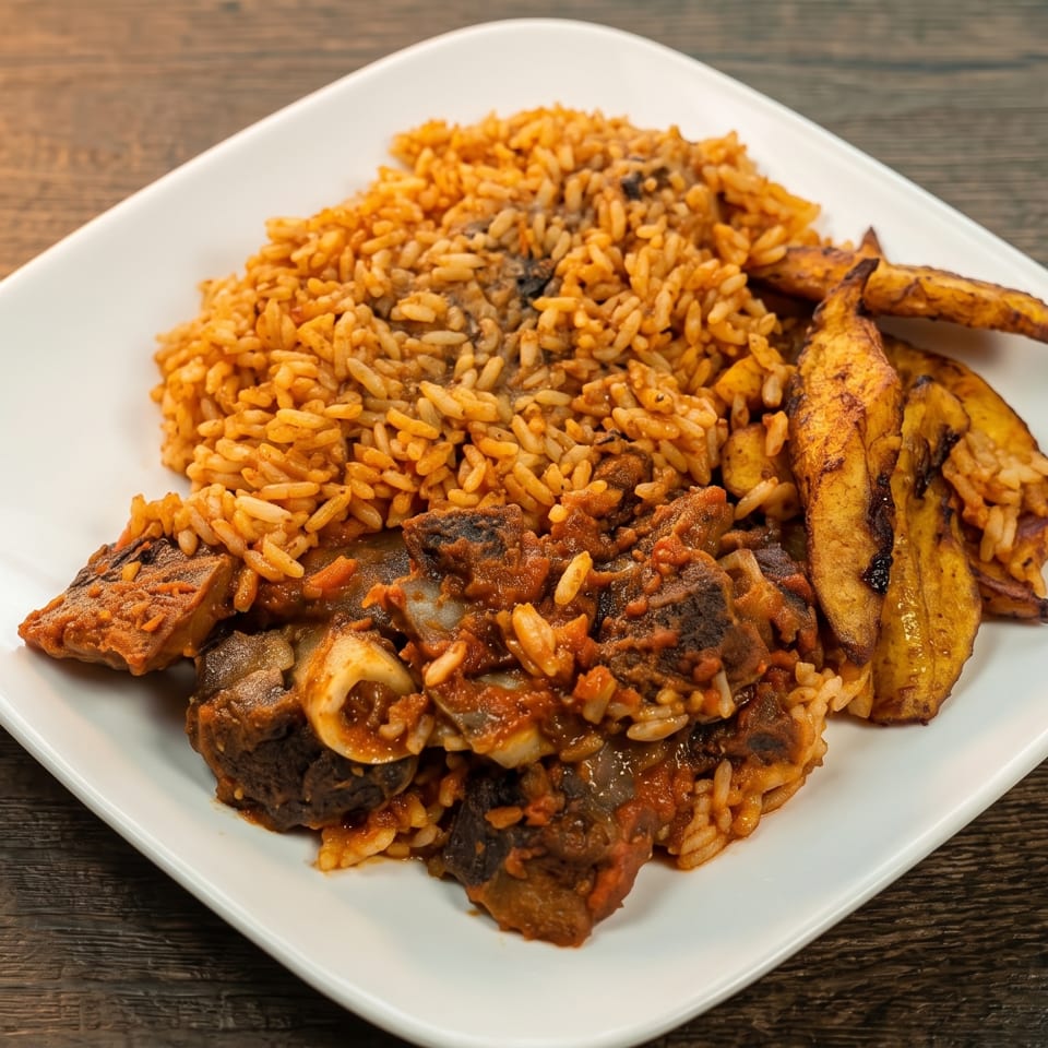 Jollof rice with stewed meat and fried plantains on a white plate.