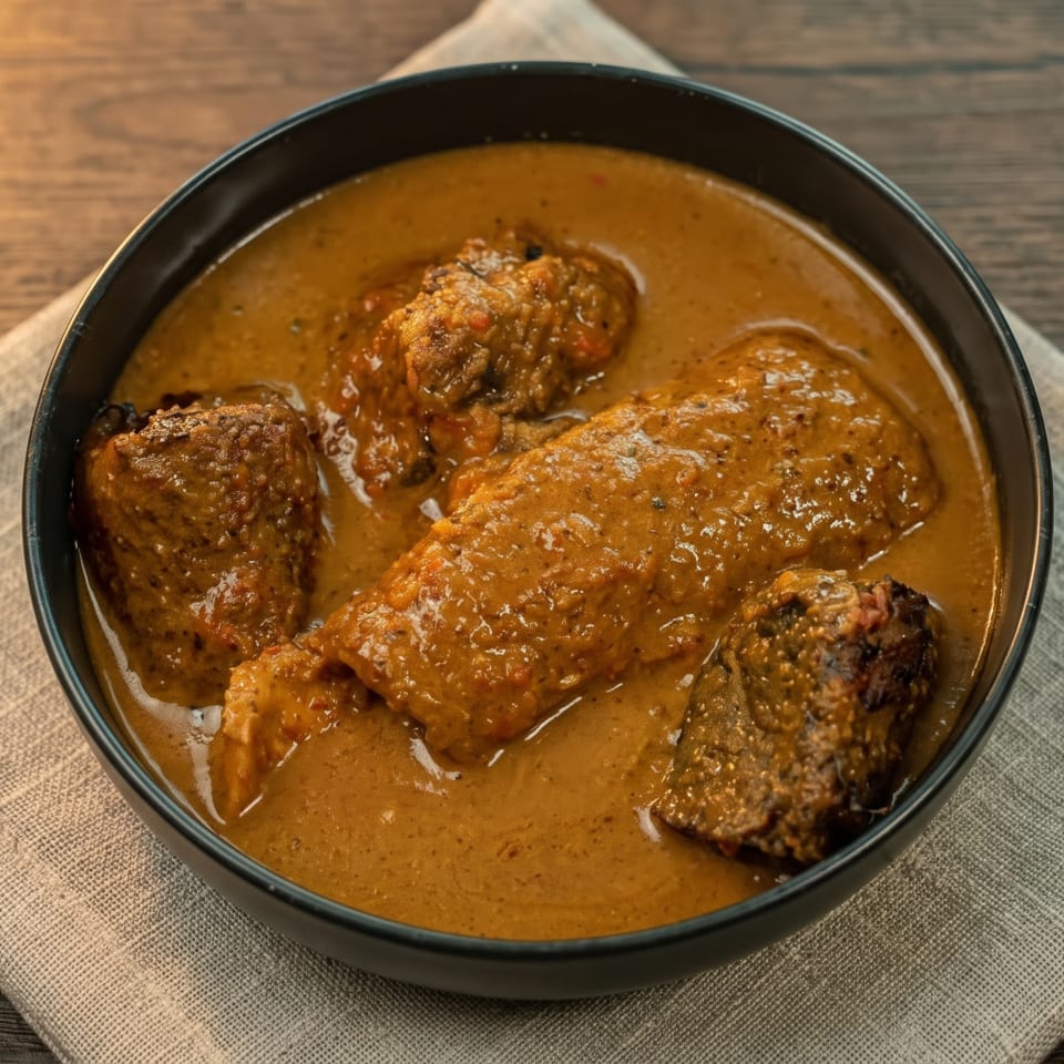 A black bowl of rich, orange-brown curry with meat pieces, on a light linen napkin and wooden table.
