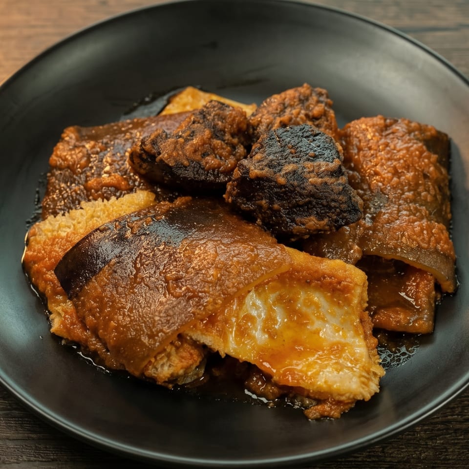 A black plate filled with dark, rich stewed meat and vegetables on a wooden table.