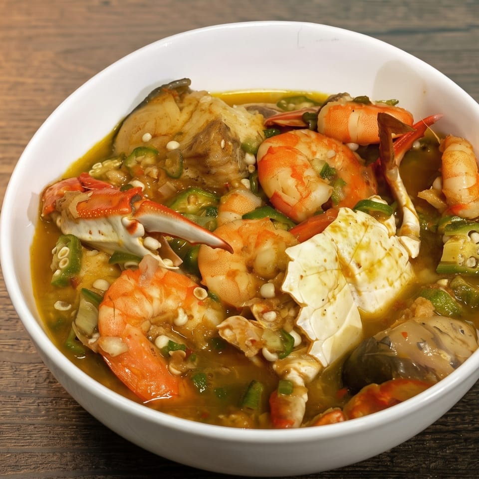 A white bowl of seafood okra soup with shrimp, crab, and fish on a wooden table.