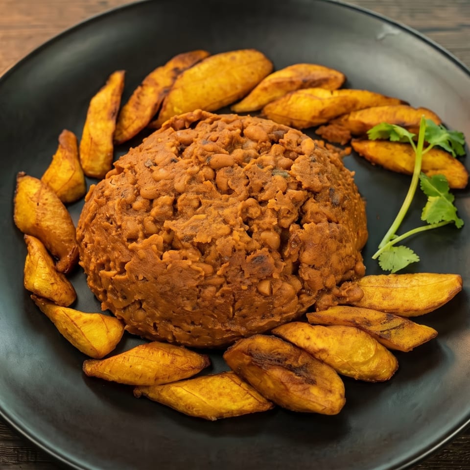 A black plate holds a mound of brown beans and rice, surrounded by fried plantains and cilantro.