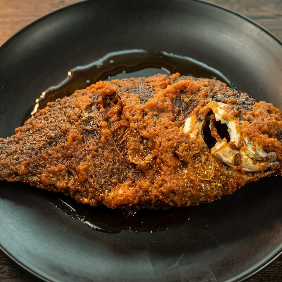 Whole fried fish covered in a rich, orange-brown sauce on a black plate.
