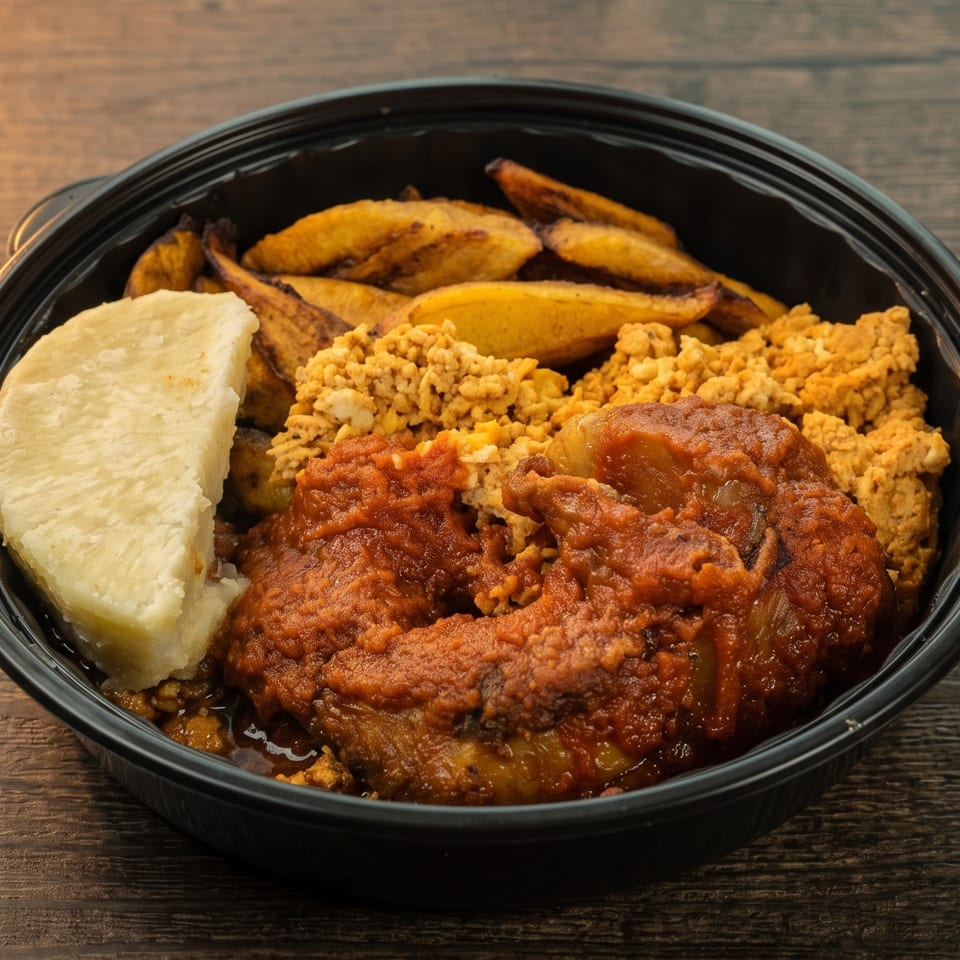A black bowl filled with plantains, scrambled eggs, stew, and a slice of yam.