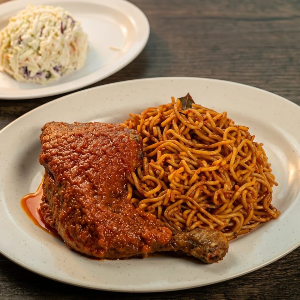 A plate of Jollof spaghetti with a chicken leg in red sauce, and a side of coleslaw.