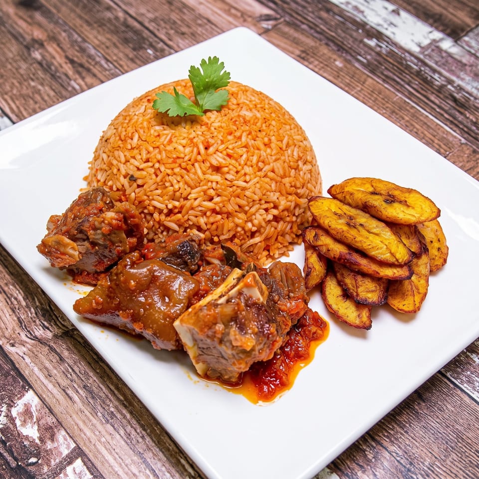 Jollof rice with cilantro, stewed goat meat, and fried plantains on a white rectangular plate.